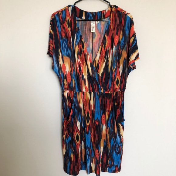 Emma & Michele Red, Blue and Yellow Print Dress w/Pockets - Size Medium - Picture 2 of 5